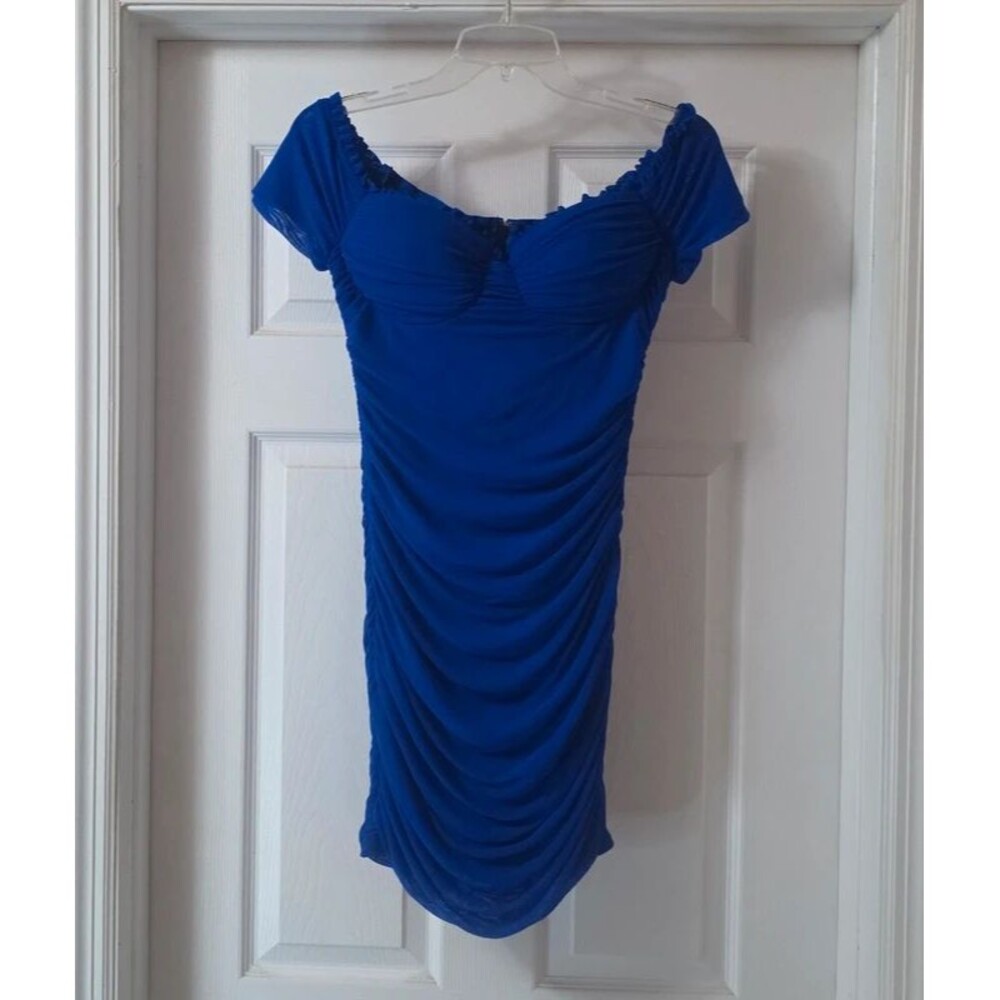 Windsor Ruched Mesh Bodycon Mini Dress Royal Blue Womens L Off Shoulder